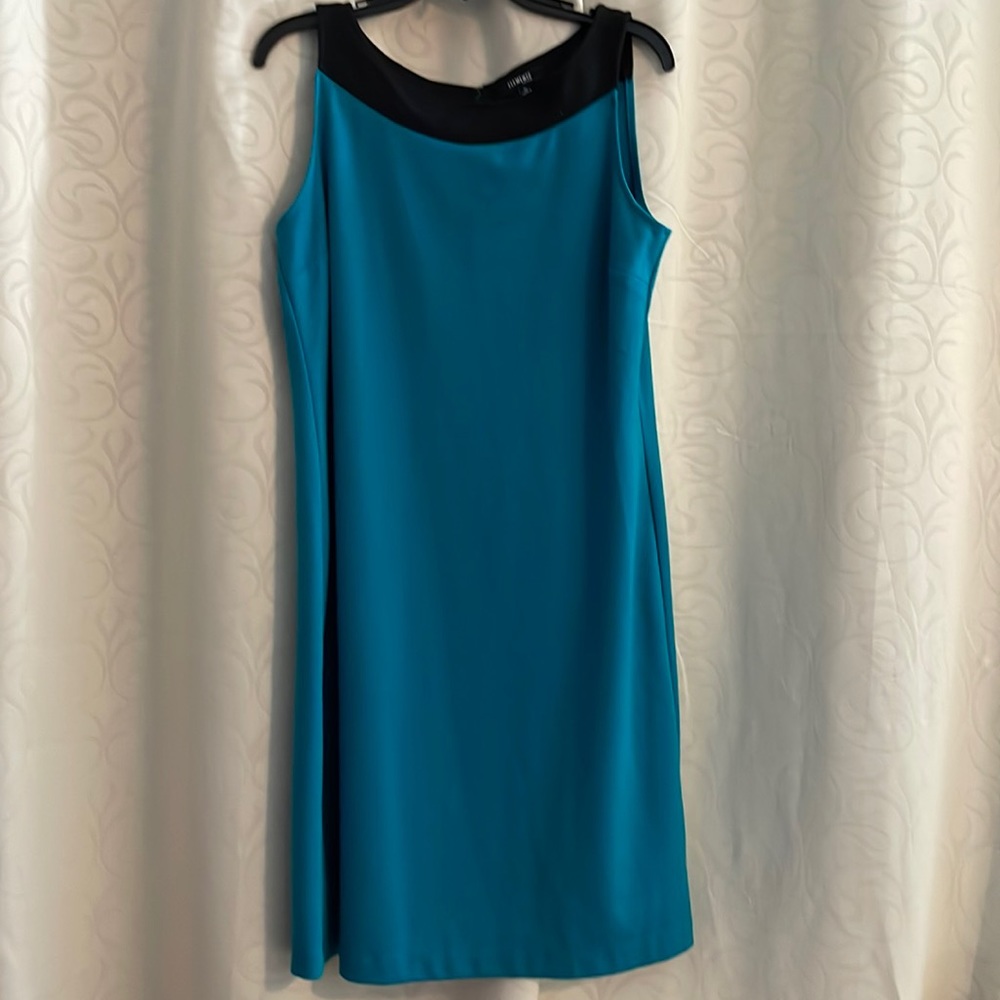 Sleeveless dress in teal blue and black. Back zip, Elementz, petite large.